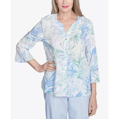 Alfred Dunner Petite St. Thomas Tropical Embroidered Button Front Top, Sky Blue Multi