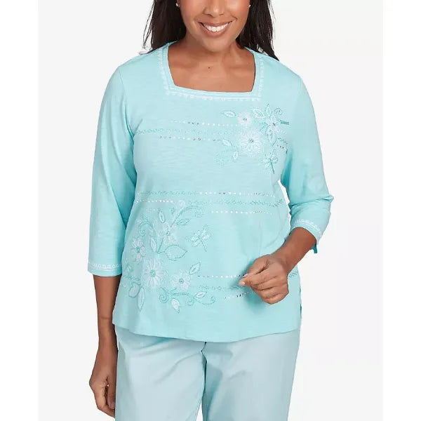 Alfred Dunner Petite St. Thomas Asymmetrical Dragonfly Embroidery Top, Mint