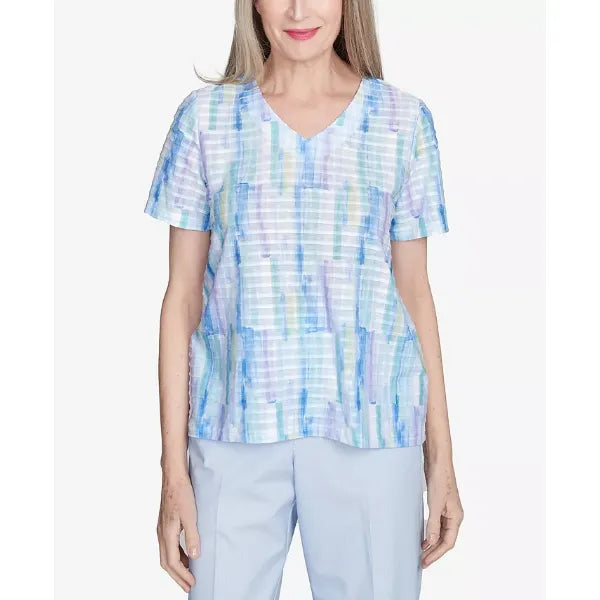 Alfred Dunner Petite St. Thomas Textured Brushstroke Short Sleeve Top, Sky Blue Multi