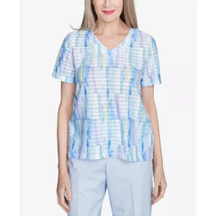 Alfred Dunner Petite St. Thomas Textured Brushstroke Short Sleeve Top, Sky Blue Multi