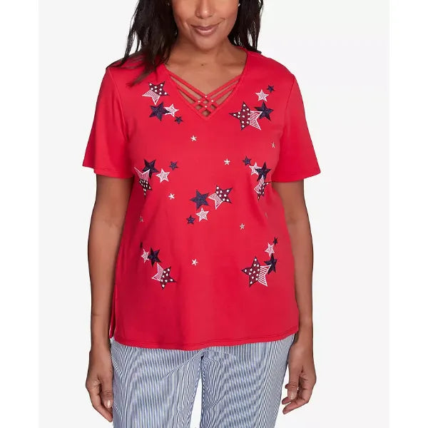 Alfred Dunner Petite Land of The Free Embroidered Stars Crisscross V-Neck Top, Red , Size PS