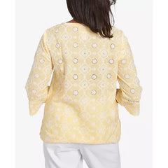 Alfred Dunner Petite Rise & Shine Embroidered Floral Eyelet Bell Sleeve Top, Lemon