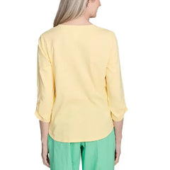 Alfred Dunner Petite Rise & Shine Sunny Floral Embroidered Split Neck Top, Lemon