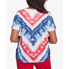 Alfred Dunner Petite Land of The Free Tie Dye American Chevron Short Sleeve Top, Multi Red