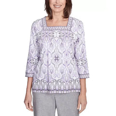 Alfred Dunner Petite Crystal Springs Border Medallion Kaleidoscope Top, Lilac Multi