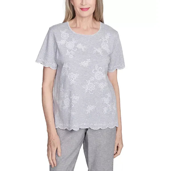 Alfred Dunner Petite Crystal Springs Embroidered Tossed Flower Top, Gray