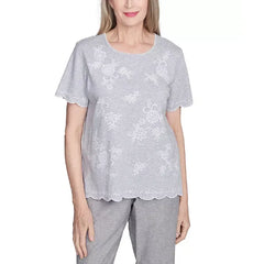 Alfred Dunner Petite Crystal Springs Embroidered Tossed Flower Top, Gray