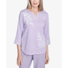 Alfred Dunner Women's Crystal Springs Floral Embroidered Keyhole Neck Top, Lilac