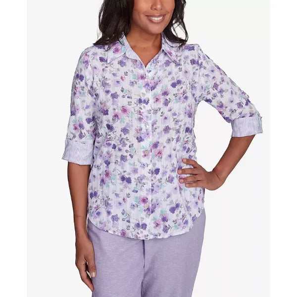 Alfred Dunner Womens Crystal Springs Floral Contrast Cuff Button Down Top, Stylish Printed Blouse, Lilac