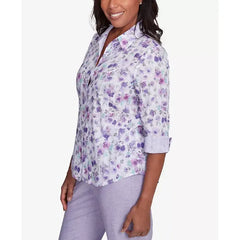 Alfred Dunner Womens Crystal Springs Floral Contrast Cuff Button Down Top, Stylish Printed Blouse, Lilac