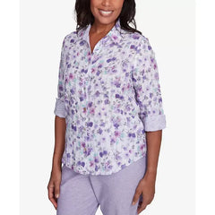 Alfred Dunner Womens Crystal Springs Floral Contrast Cuff Button Down Top, Stylish Printed Blouse, Lilac