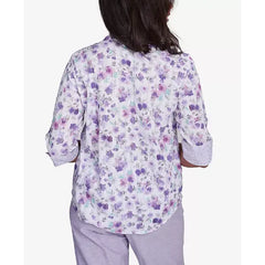Alfred Dunner Womens Crystal Springs Floral Contrast Cuff Button Down Top, Stylish Printed Blouse, Lilac
