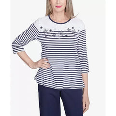 Alfred Dunner Women's Land of The Free Striped Star-Studded Crew Neck Top, Navy Multi