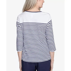 Alfred Dunner Women's Land of The Free Striped Star-Studded Crew Neck Top, Navy Multi