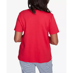 Alfred Dunner Women's Land of The Free Embroidered Stars Crisscross V-Neck T-Shirt, Red