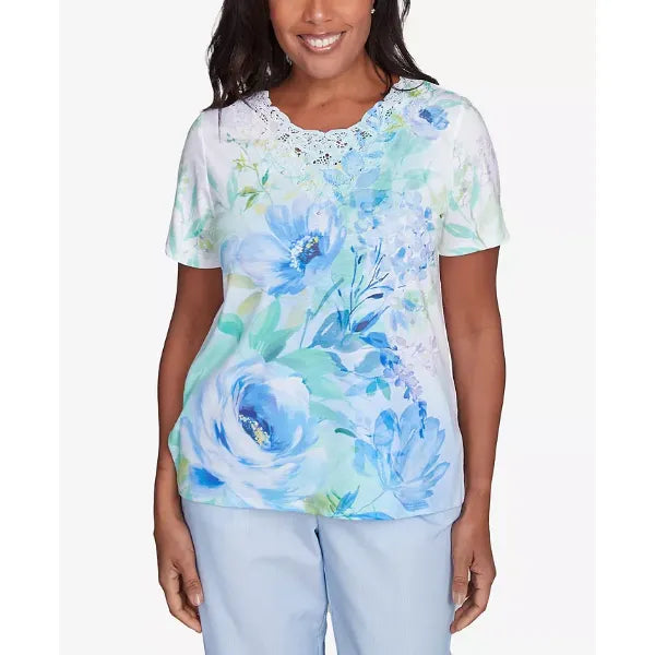 Alfred Dunner Women's St. Thomas Dramatic Floral Print Crew Neck T-Shirt, Sky Blue Multi