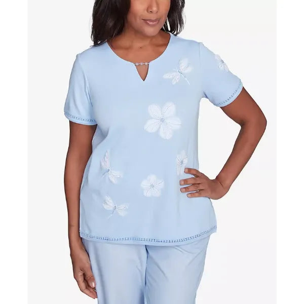 Alfred Dunner Women's St. Thomas Dragonfly Flower Applique Crew Neck T-Shirt, Sky Blue