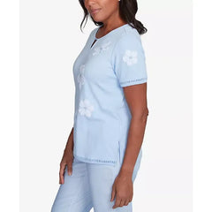 Alfred Dunner Women's St. Thomas Dragonfly Flower Applique Crew Neck T-Shirt, Sky Blue