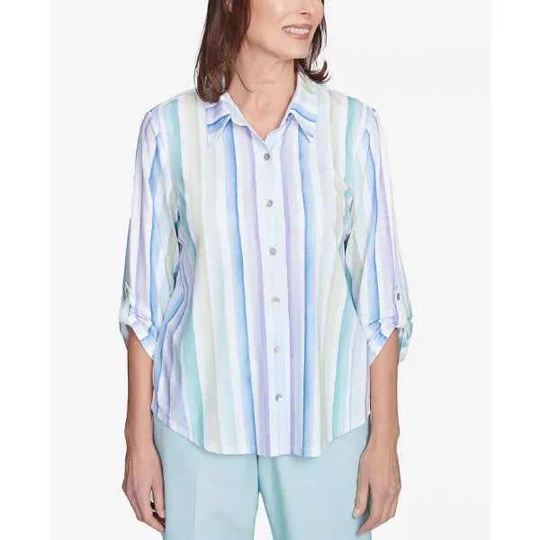 Alfred Dunner Women's St. Thomas Island Mint Stripe Knit Collared Neck Top, Mint Multi
