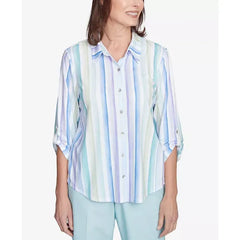 Alfred Dunner Women's St. Thomas Island Mint Stripe Knit Collared Neck Top, Mint Multi