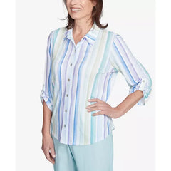 Alfred Dunner Women's St. Thomas Island Mint Stripe Knit Collared Neck Top, Mint Multi