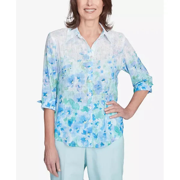 Alfred Dunner Women's St. Thomas Border Floral Collared Neck Top, Sky Blue Multi