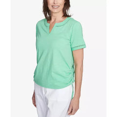 Alfred Dunner Women's Rise Shine Dot Lace Trimmed Short Sleeve Round Neck T-Shirt, Lime