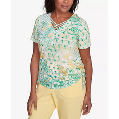 Alfred Dunner Women's Rise Shine Tropical Geometric Patchwork V-Neck T-Shirt, Lime Multi