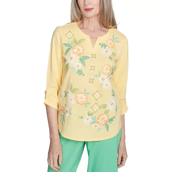 Alfred Dunner Women's Rise Shine Sunny Floral Embroidered Split Neck Top, Lemon