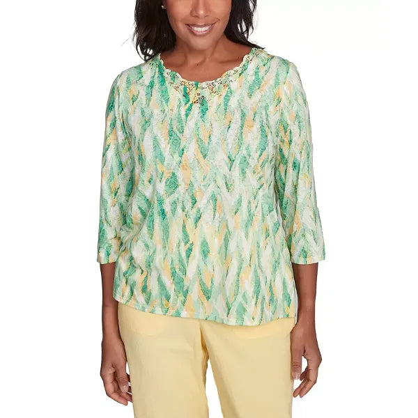 Alfred Dunner Women's Rise Shine Bright Textured Strokes Embellished Crew Neck Top, Lime Multi