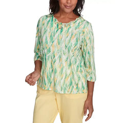 Alfred Dunner Women's Rise Shine Bright Textured Strokes Embellished Crew Neck Top, Lime Multi