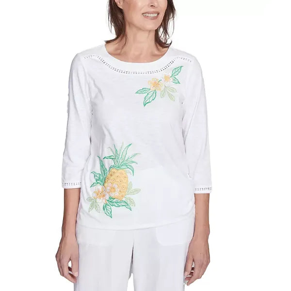 Alfred Dunner Women's Rise Shine Embroidered Pineapple Crew Neck Top, Multi White