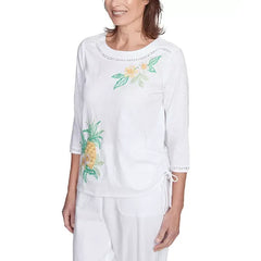 Alfred Dunner Women's Rise Shine Embroidered Pineapple Crew Neck Top, Multi White