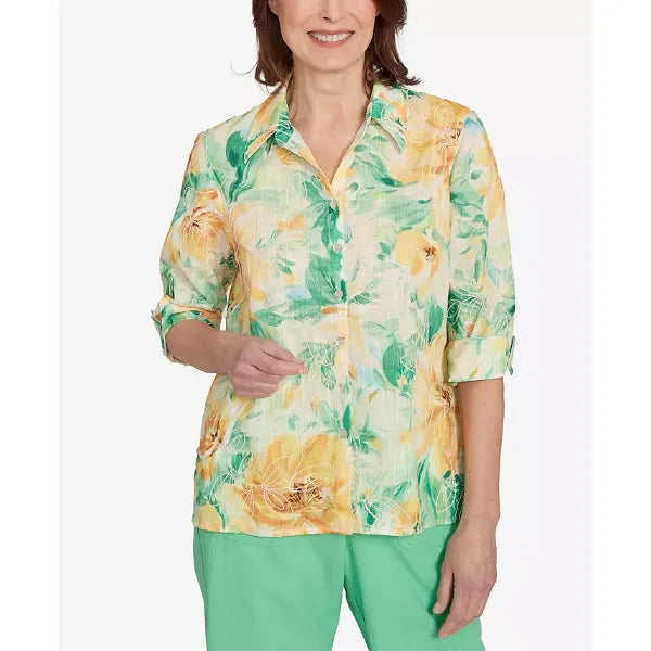 Alfred Dunner Women's Rise Shine Watercolor Floral Tie Sleeve Collared Neck Top, Lime Multi