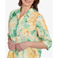 Alfred Dunner Women's Rise Shine Watercolor Floral Tie Sleeve Collared Neck Top, Lime Multi