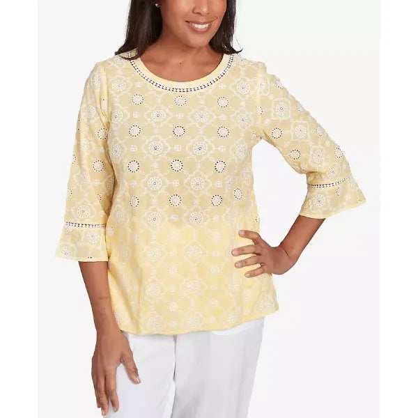 Alfred Dunner Women's Rise Shine Embroidered Floral Eyelet Bell Sleeve Crew Neck Top, Lemon