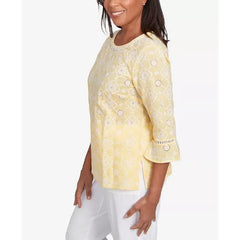 Alfred Dunner Women's Rise Shine Embroidered Floral Eyelet Bell Sleeve Crew Neck Top, Lemon