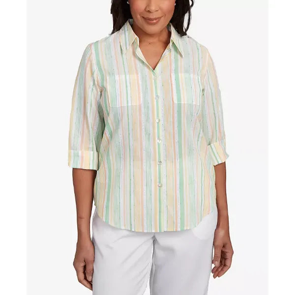 Alfred Dunner Women's Rise Shine Sunny Stripes Button Down Collared Neckline Top, Lime Multi