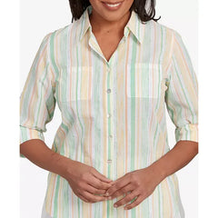 Alfred Dunner Women's Rise Shine Sunny Stripes Button Down Collared Neckline Top, Lime Multi