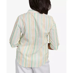 Alfred Dunner Women's Rise Shine Sunny Stripes Button Down Collared Neckline Top, Lime Multi