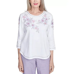 Alfred Dunner Women's Crystal Springs Embroidered Flower Crew Neck Top, White