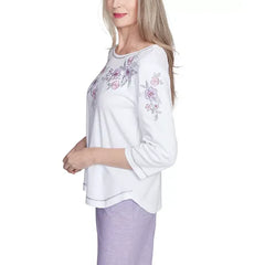 Alfred Dunner Women's Crystal Springs Embroidered Flower Crew Neck Top, White