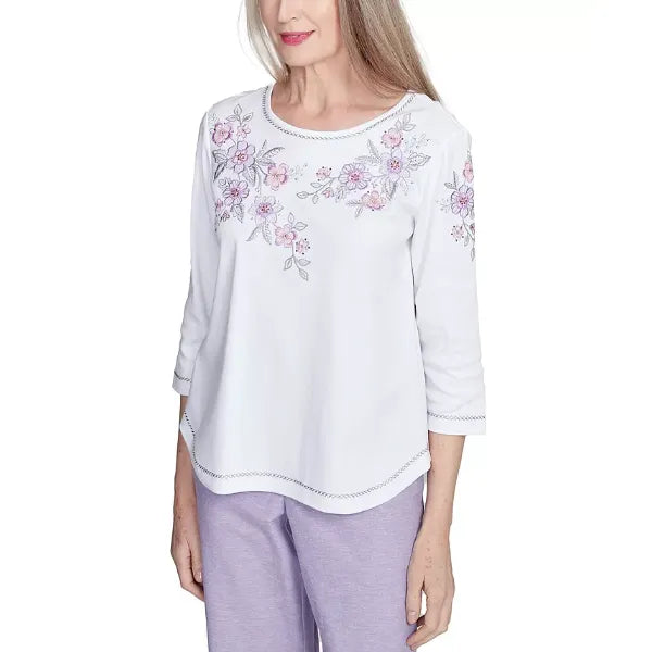 Alfred Dunner Women's Crystal Springs Embroidered Flower Crew Neck Top, White