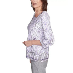 Alfred Dunner Women's Crystal Springs Border Medallion Kaleidoscope Square Neckline Top, Lilac Multi