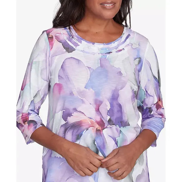 Alfred Dunner Womens Crystal Springs Dramatic Flower Crew Neck Top, Casual Floral Print Blouse