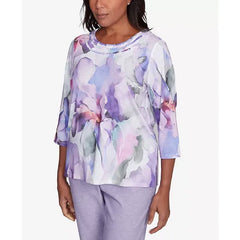Alfred Dunner Womens Crystal Springs Dramatic Flower Crew Neck Top, Casual Floral Print Blouse
