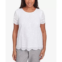 Alfred Dunner Crystal Springs Eyelet Scalloped Hem Crew Neck T-Shirt, White