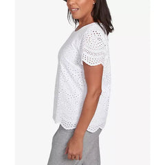 Alfred Dunner Crystal Springs Eyelet Scalloped Hem Crew Neck T-Shirt, White
