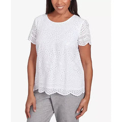Alfred Dunner Crystal Springs Eyelet Scalloped Hem Crew Neck T-Shirt, White