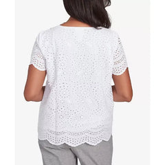 Alfred Dunner Crystal Springs Eyelet Scalloped Hem Crew Neck T-Shirt, White